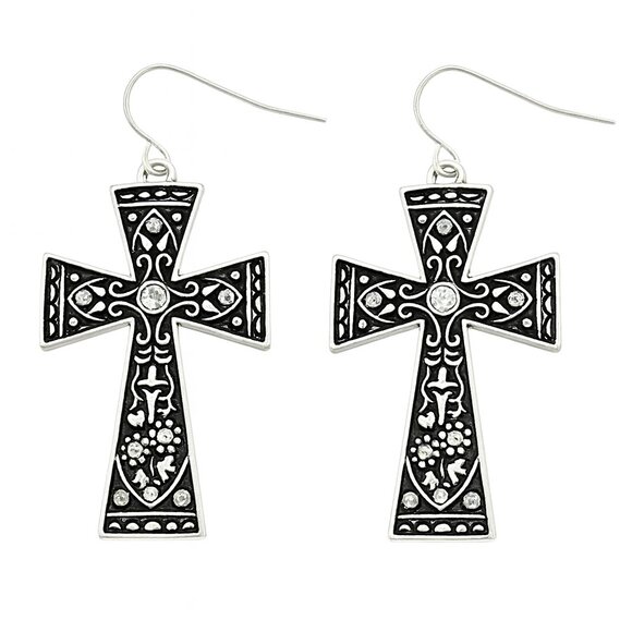 NEW Antique Silver Tone Rhinestone Studded Cross Earrings - Picture 2 of 2